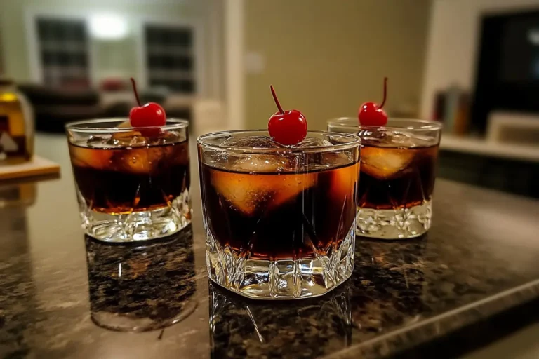 Elegant Black Manhattan cocktail in a chilled glass with a clear ice cube
