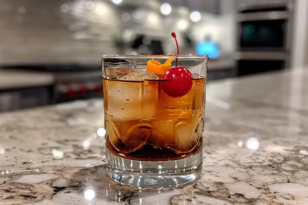 Black Manhattan Recipe: Rich, Spicy, and Elegant Whiskey Cocktail š¤ 5 Home bartender stirring a Black Manhattan in a mixing glass with bar spoon